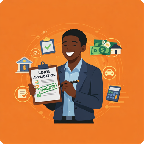 Man holding approved loan application with financial icons